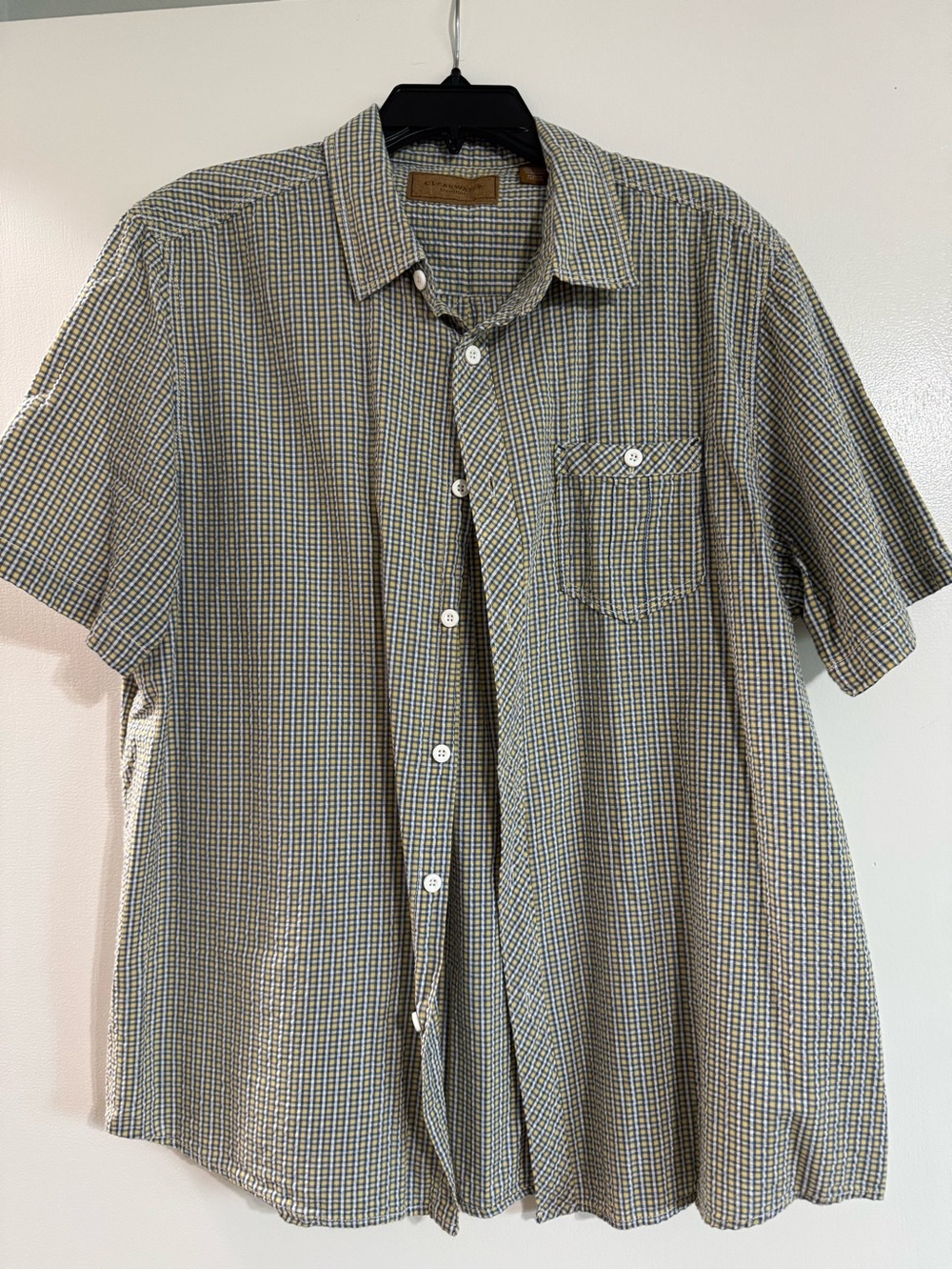 Men's Short Sleeve Casual Check Button-Down Shirt - blue/yellow/white seersucker